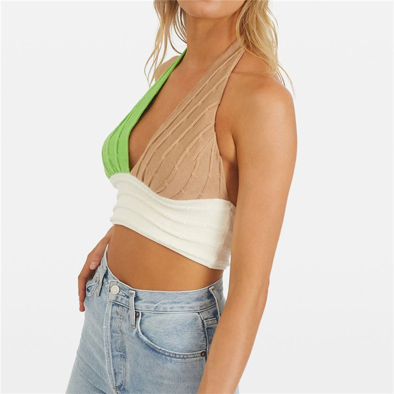 Colorblock Halterneck Sexy Low Cut Backless Slim Beach Womens Knitted Vests Wholesale Crop Tops 7524