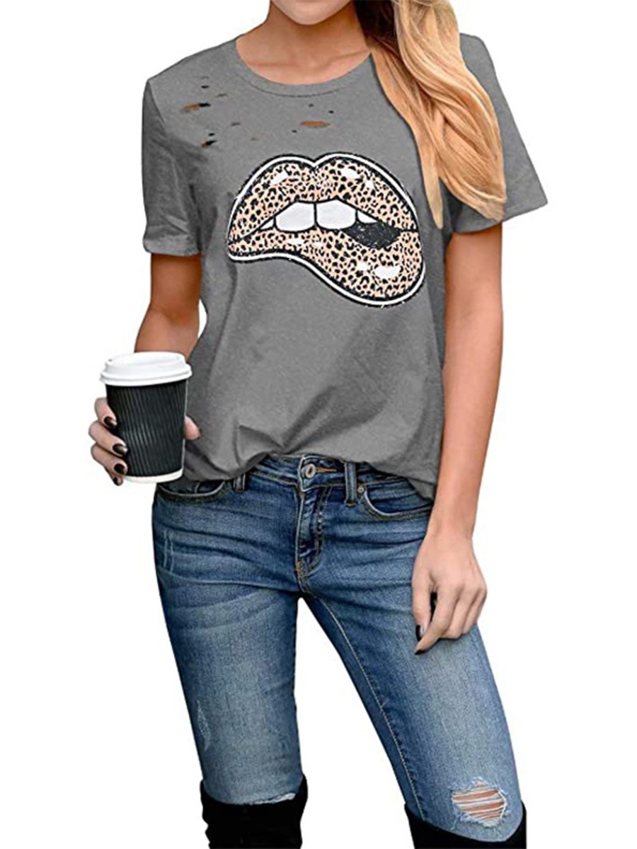 Women Lips Leopard Ripped T-shirt