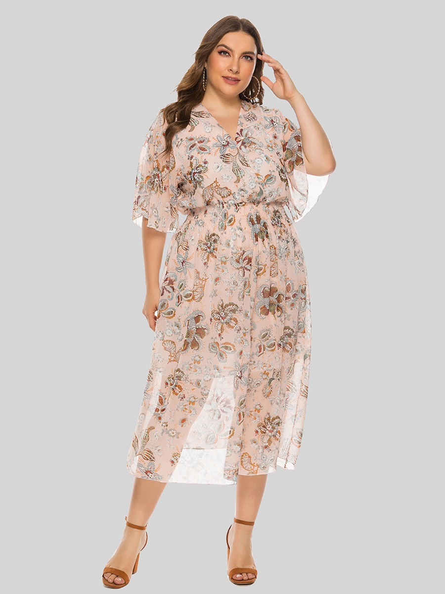 Plus Size Floral-Print Elastic Waist Dresses
