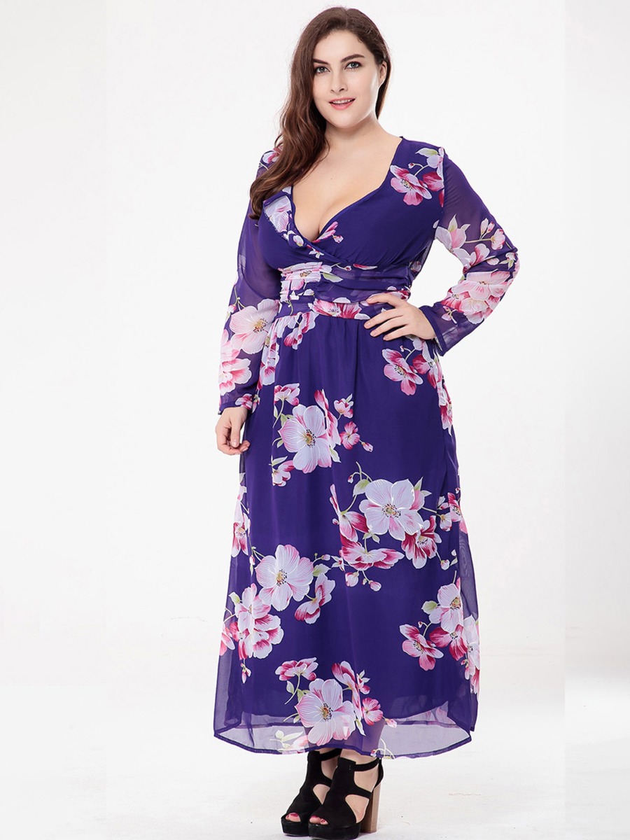 Plus Size Sexy Floral Print Ruched Dresses