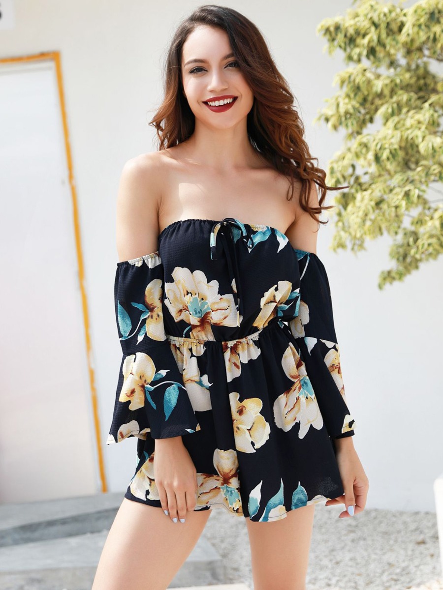 Off Shoulder Elastic Waist Flower Print Romper