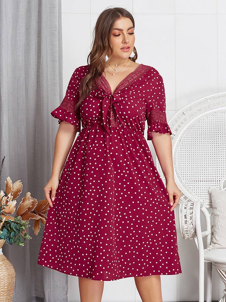 Plus Size Polka Dot Tie Collar Dress