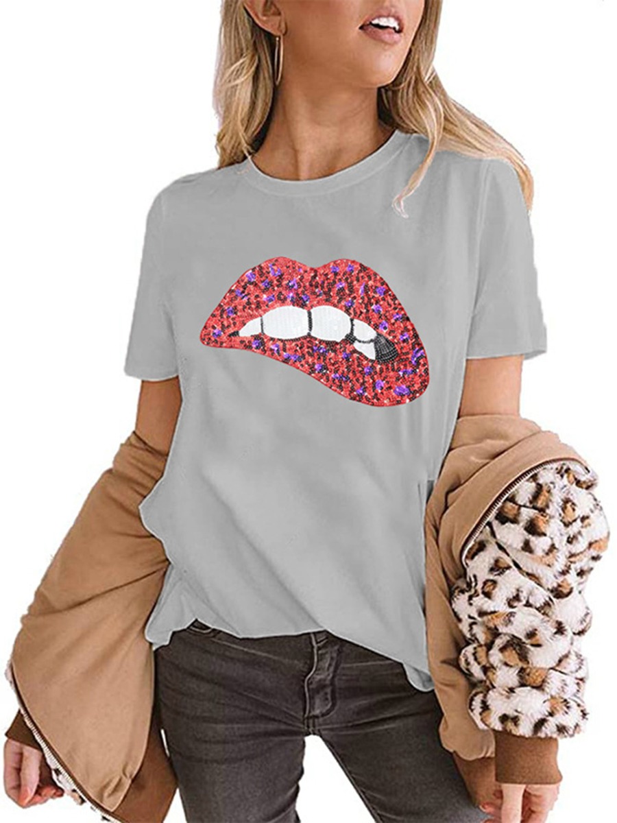 Sequins Embroidery Lips Decor Top
