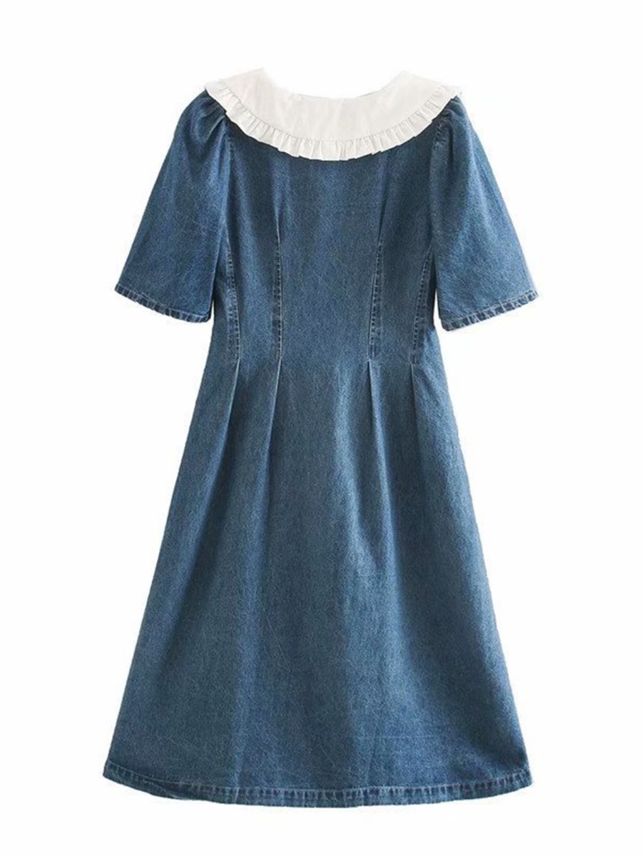 Chic Colorblocking Ruffle Neck Button-front Denim Dress