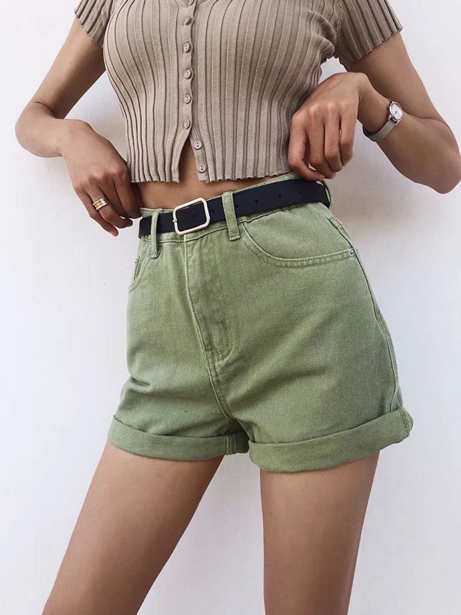High Waist Curled Denim Jean Shorts With Belt