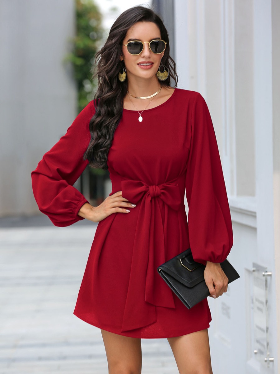 Solid Color Long Sleeve Tie Waist Dress