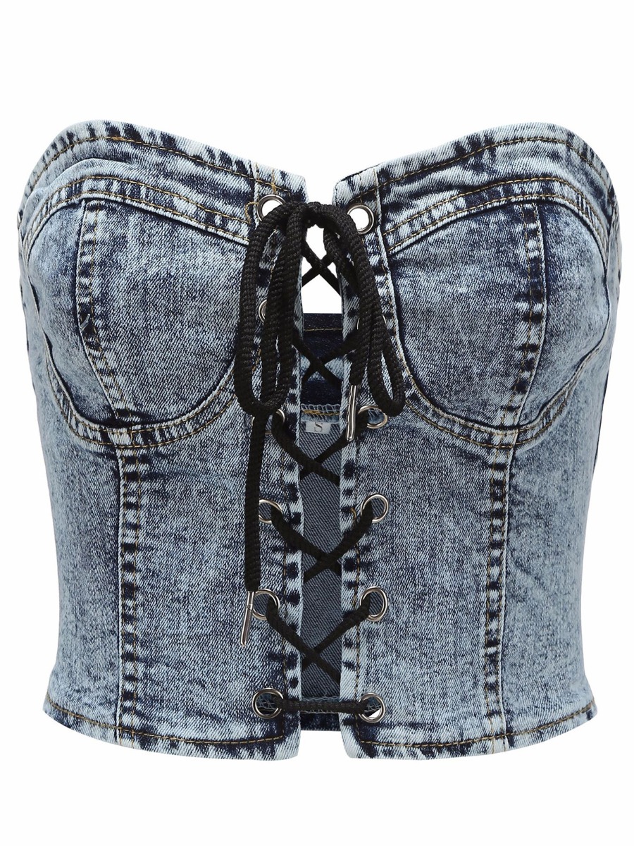 Sexy Tie Front Off Shoulder Tube Denim Top