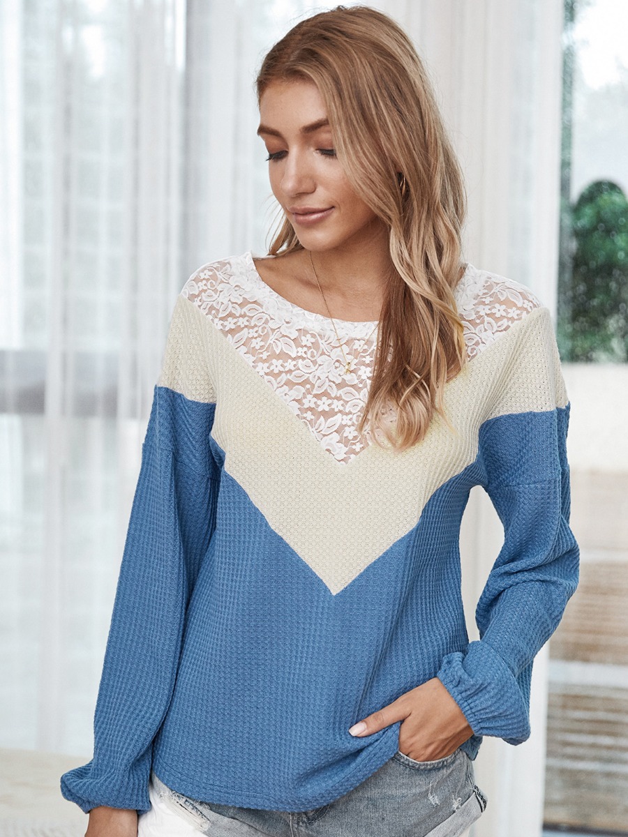 Lace Patchwork Colorblock Round Collar Top