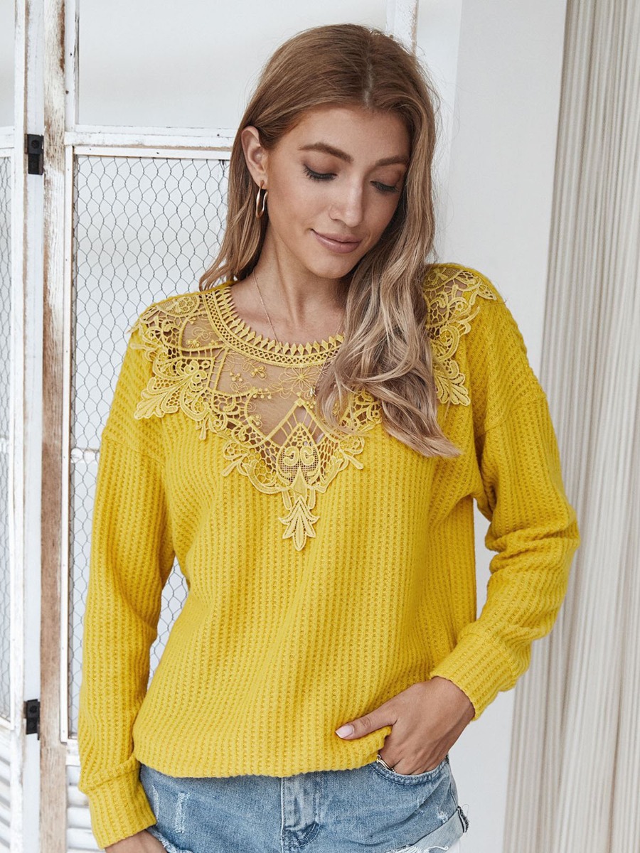 Lace Patchwork Solid Color Women Sweater