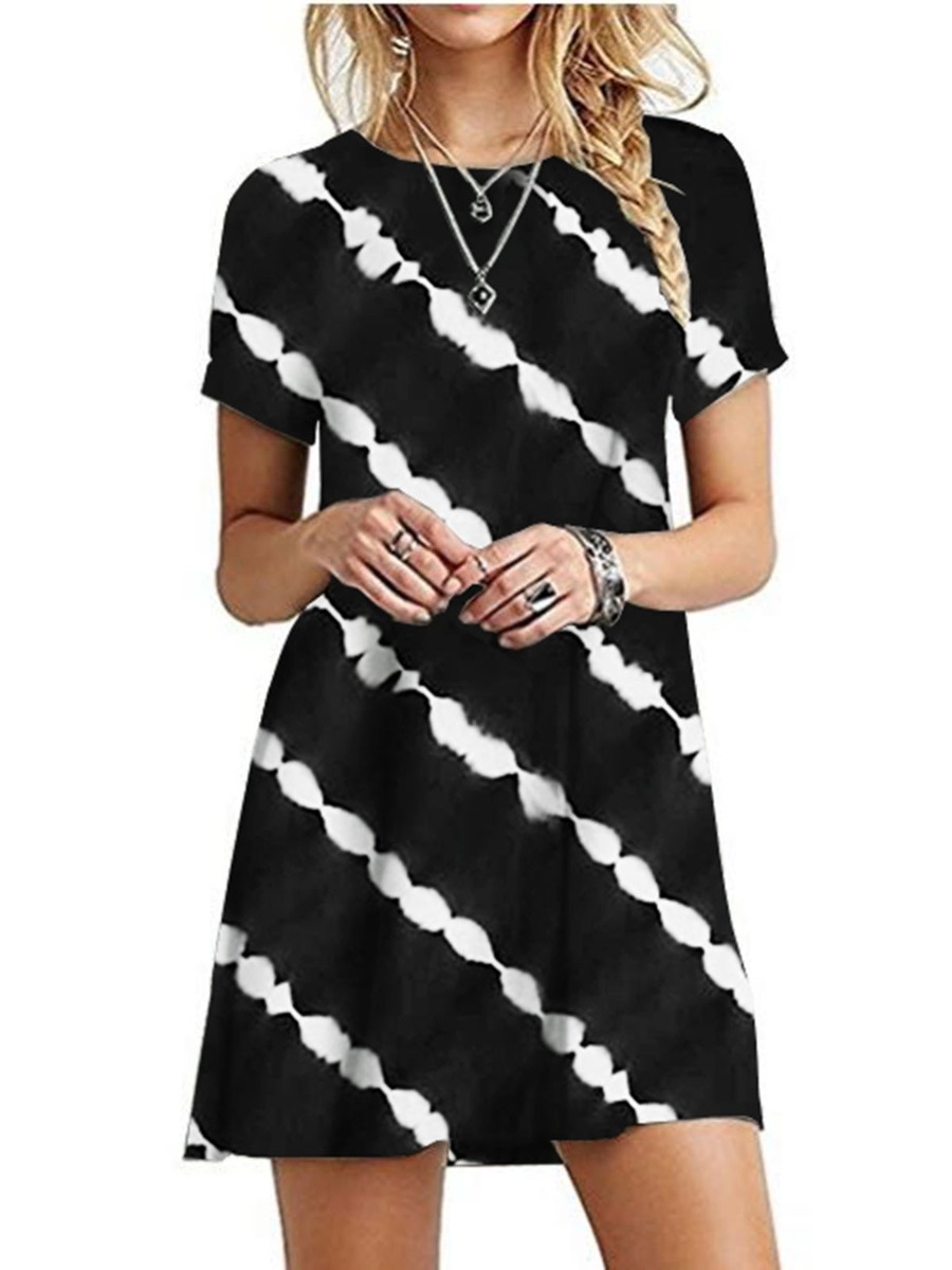 Buy Tie Dye Round Collar Short Sleeve T-shirt Dress - SheStar