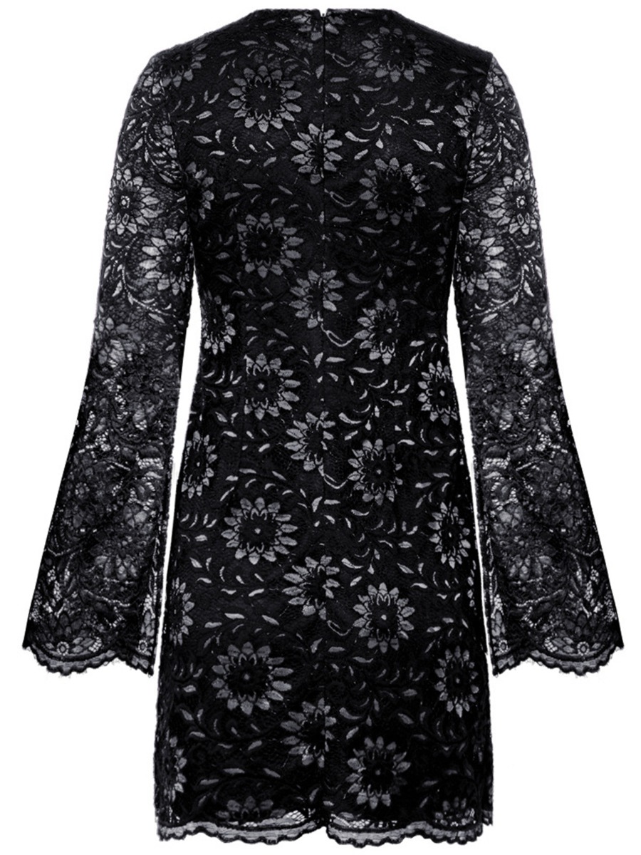 Lace Flare Long Sleeve Slim Fit Party Dress