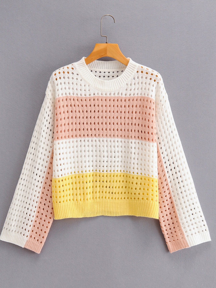 Hollow Out Colorblock Striped Knitting Pullover