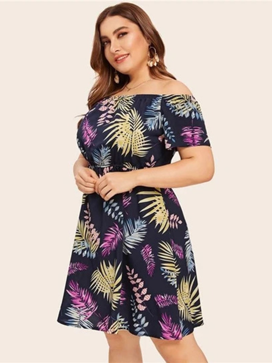 Plus Size Off Shoulder Leaf Print Tropical Dress