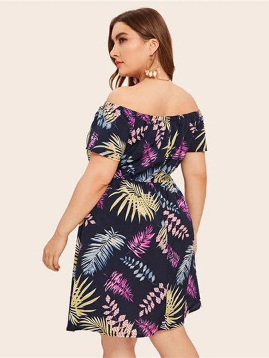 Plus Size Off Shoulder Leaf Print Tropical Dress