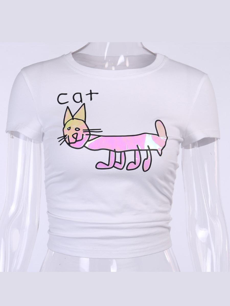 Cartoon Cat Print Round Collar Crop T-shirt