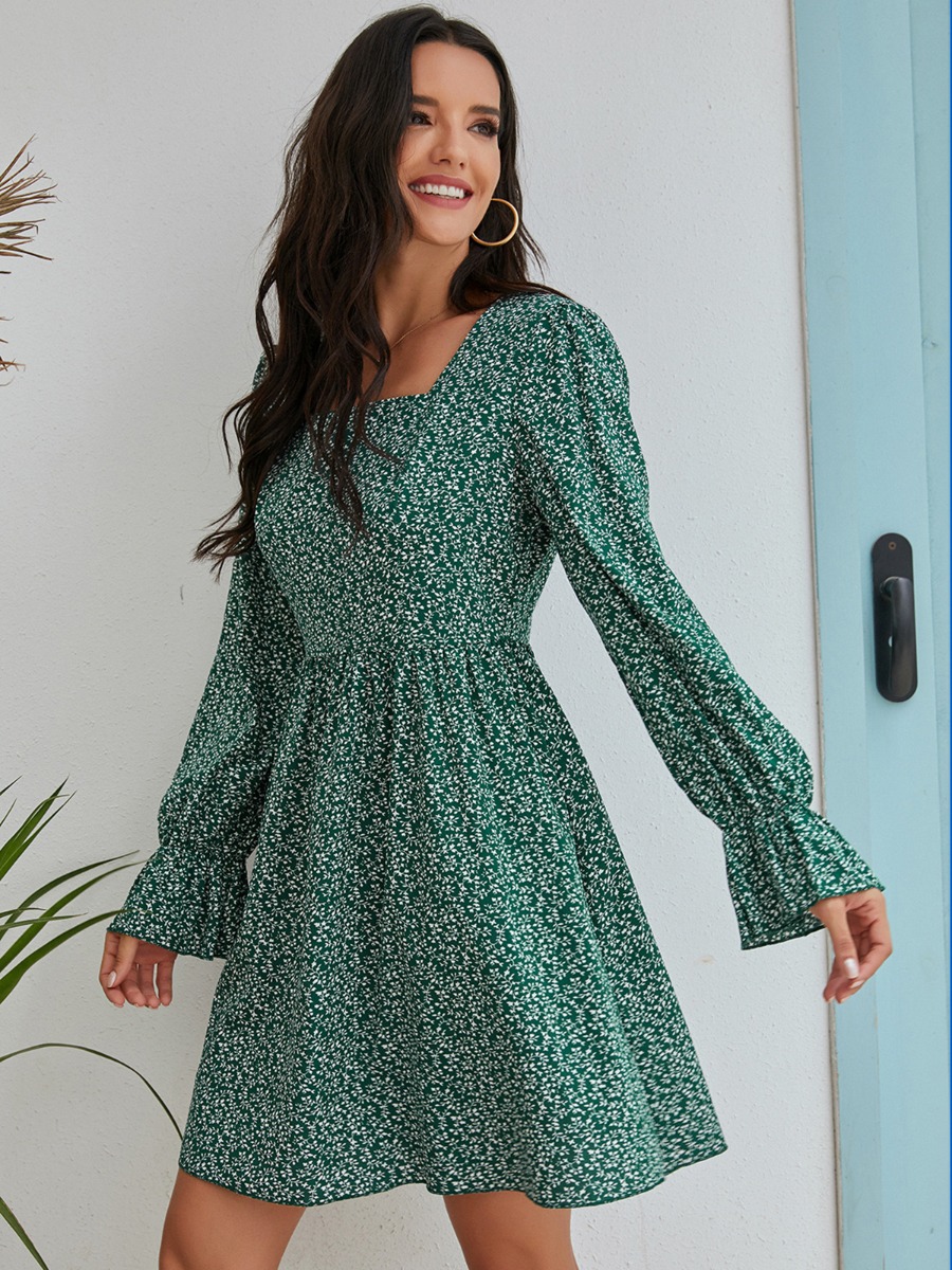Ditsy Floral Print Square Neck Bell Long Sleeve Dress