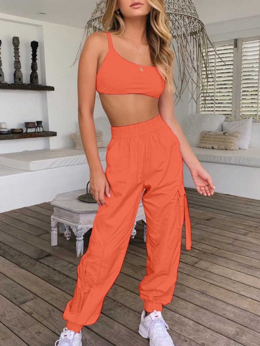 2-piece Streetstyle Cropped Tank Top And Pocket Pants Outfits