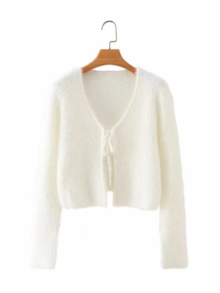 Solid Color Tie Front Cardigan Knit Top
