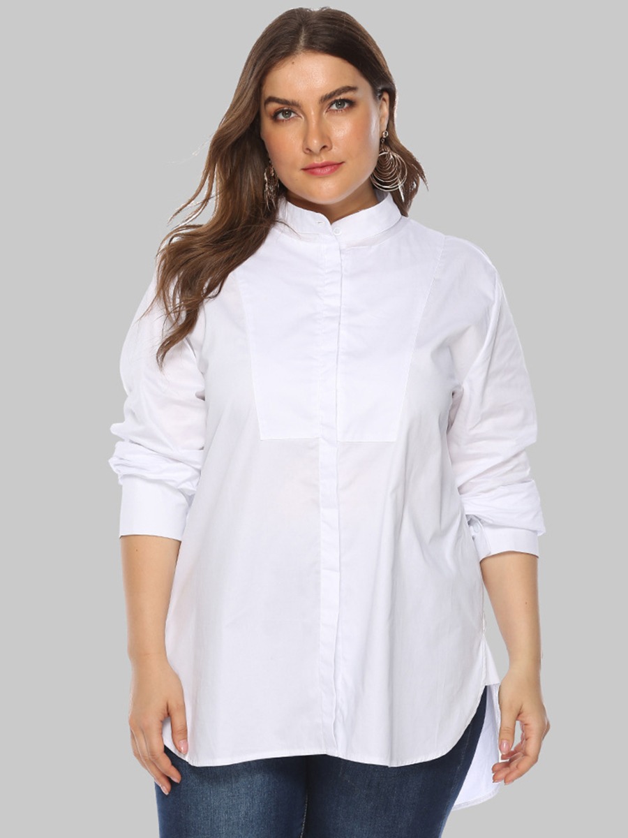 Plus Size Button Front Mock Neck White Shirt