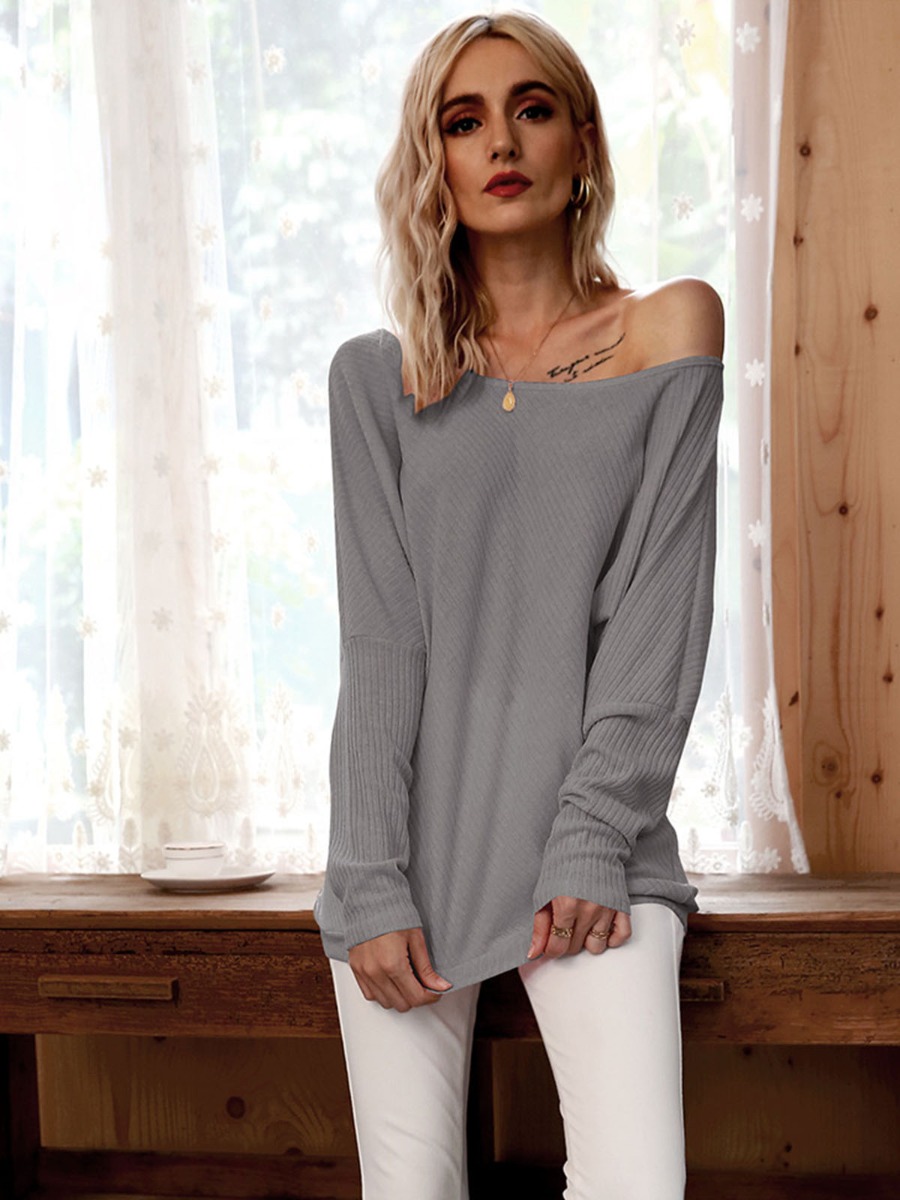 Solid Color Round Collar Rib Knit Top