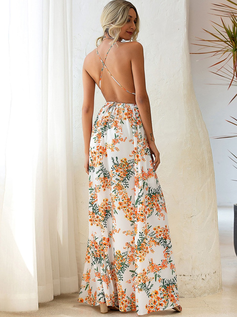 Floral Print Sexy Backless Holiday Maxi Cami Dress