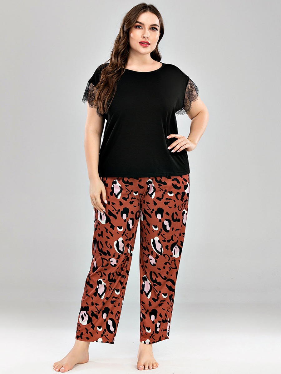 2 Pieces Plus Size Lace Decor Sleeve Black Top & Leopard Print Pants Set