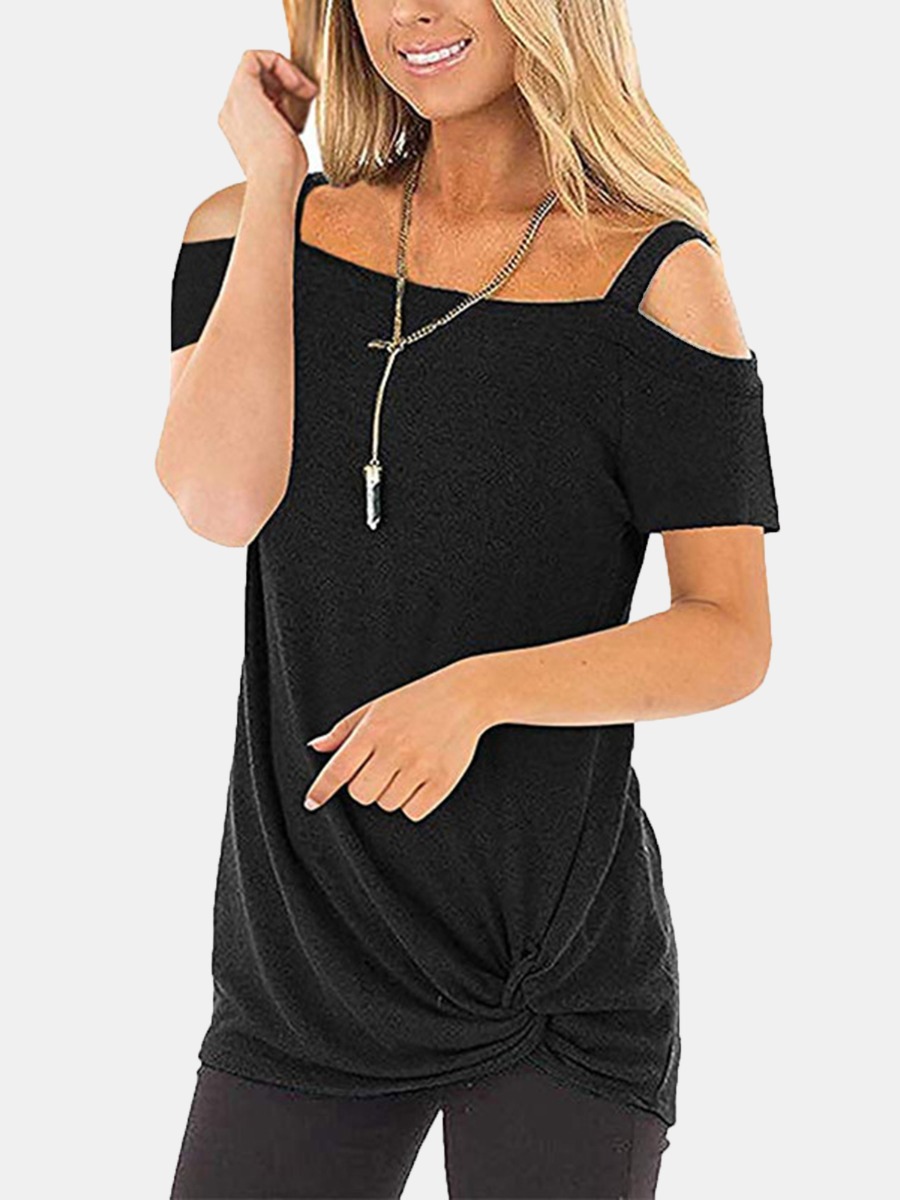 Solid Color Open Shoulder Knotted T-shirt