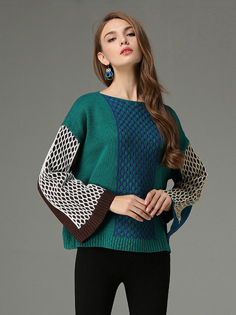 Colorblock Split Hem Sleeve Round Collar Knit Sweater
