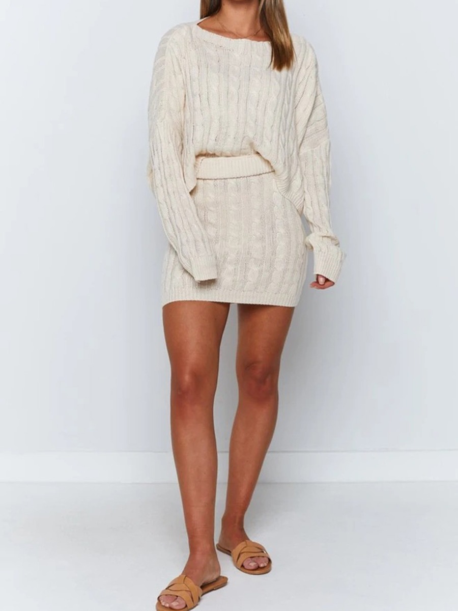 2 Pieces Cable Knit Pullover Sweater & Skirt Set