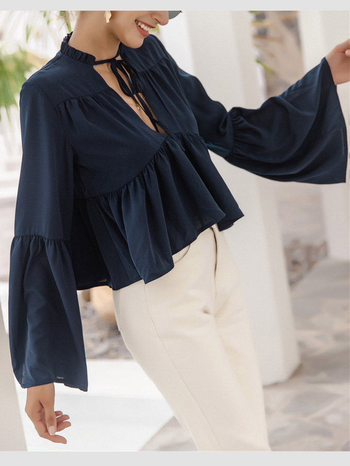 Bell Sleeve Solid Color Ruffle Blouse