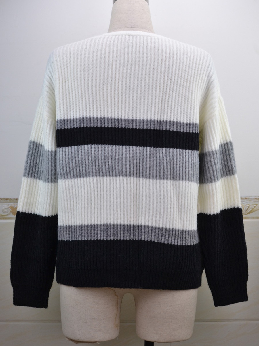Striped Colorblock V-collar Button Front Knitted Cardigan
