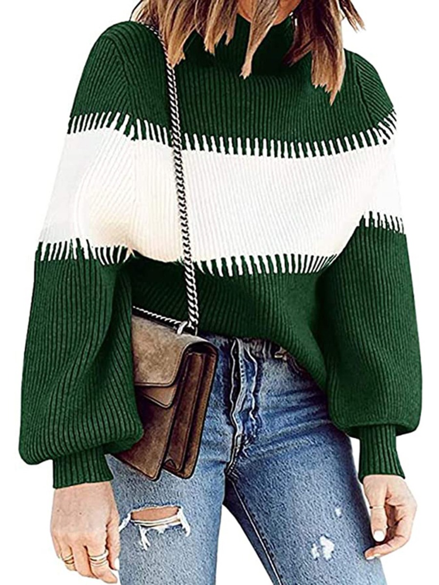 Turtle Collar Hit Color Stripe Ribbed Sweater