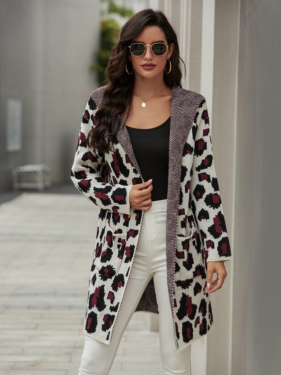 Color-blocking Leopard Knit Hooded Cardigan