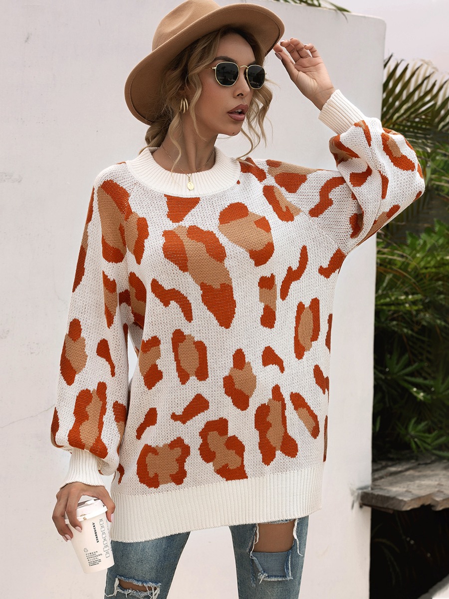 Ribbed Patchwork Leopard Women Sweater