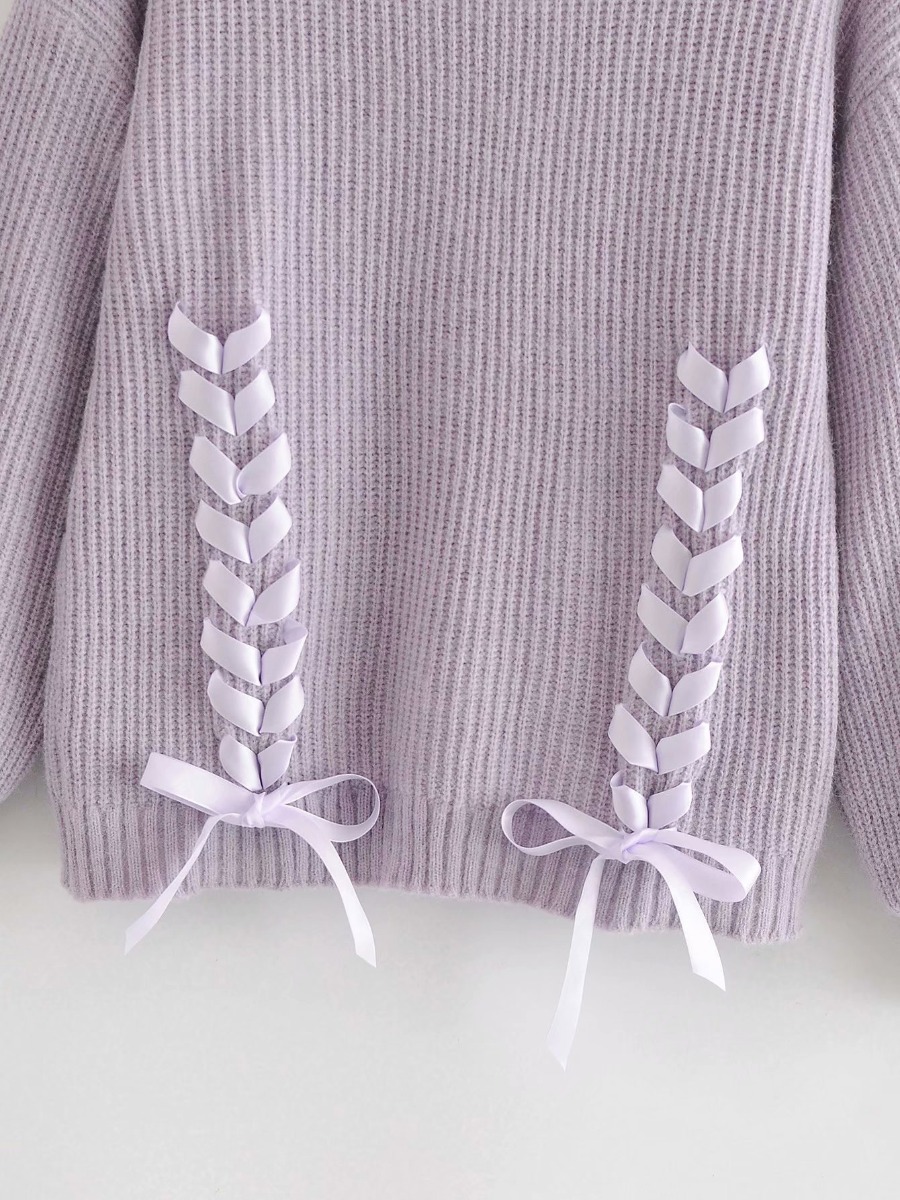 Tie Back Buttons Decor Ribbed Cardigan