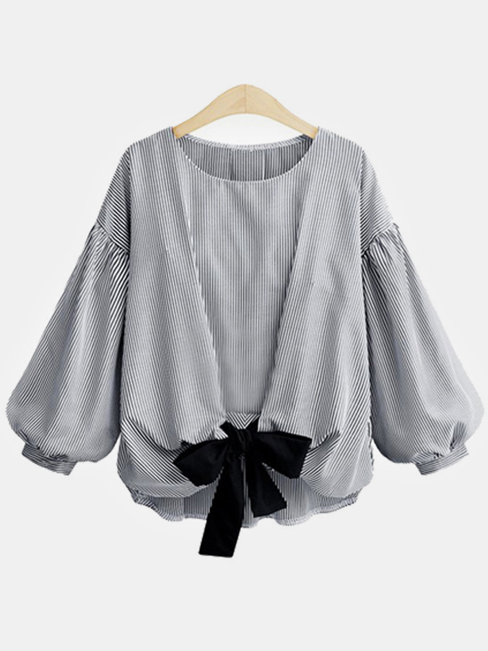 Plus Size Puff Sleeve Stripe Bow Blouse