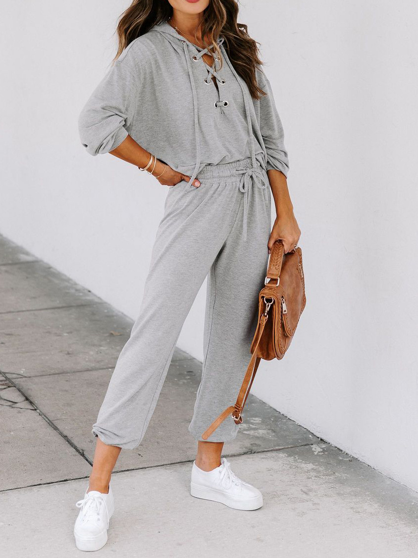 2-piece Lace Up Hoodie Match Pants Grey Outfits