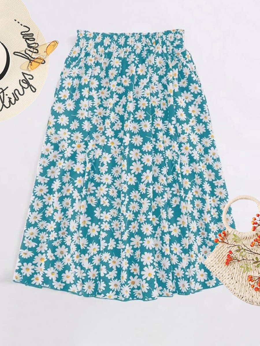 Elastic Waist Daisy Print Pleated Skirt