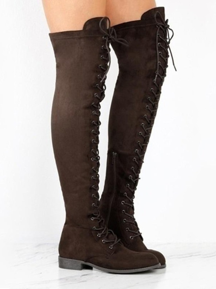 Lace-up Suede Round Toe Knee Boots