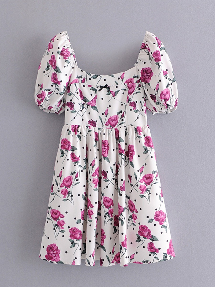 Puff Sleeve Rose Print Zipper Dress