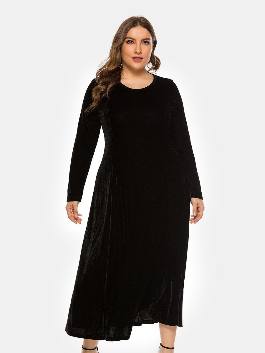 Plus Size Crew Neck Velvet Maxi Dress