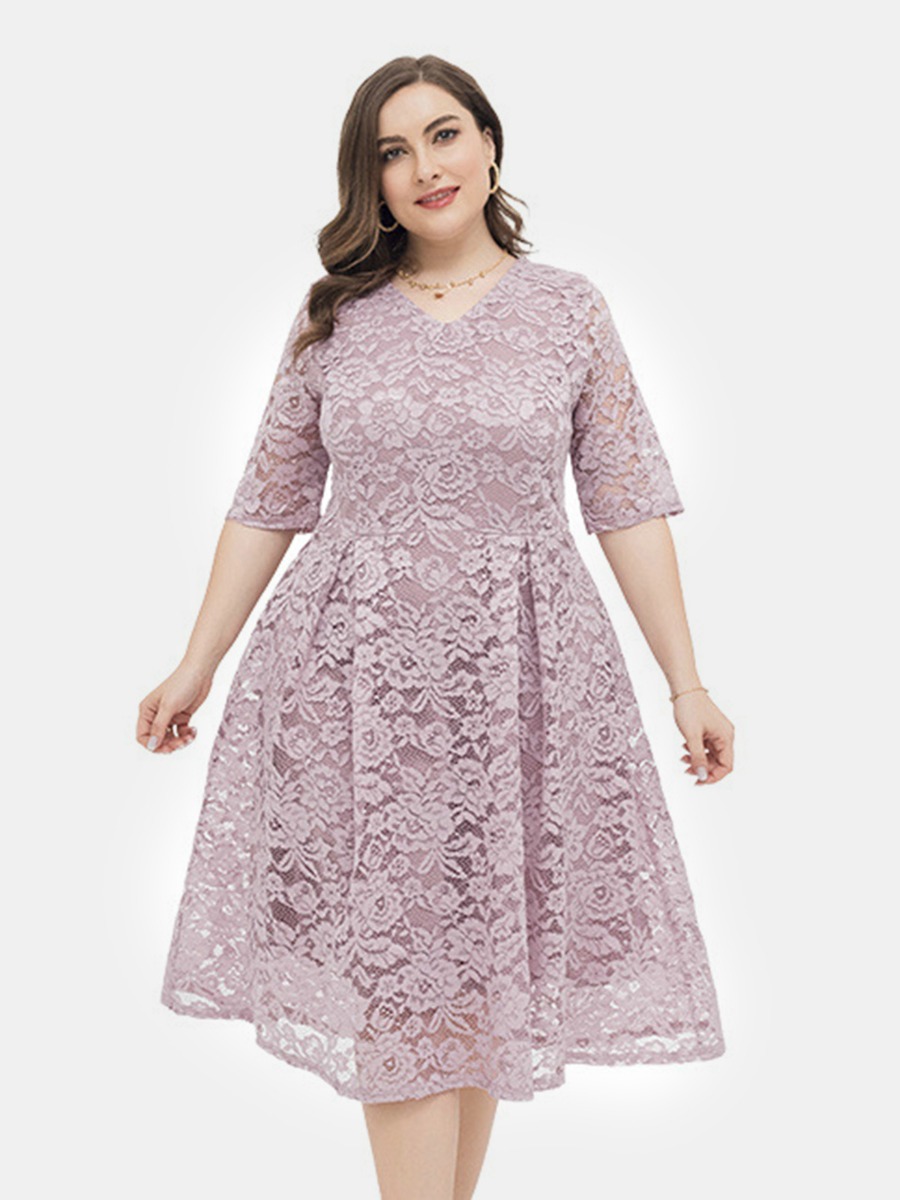 Plus Size Half Sleeve Lace Embroidery Evening Dress