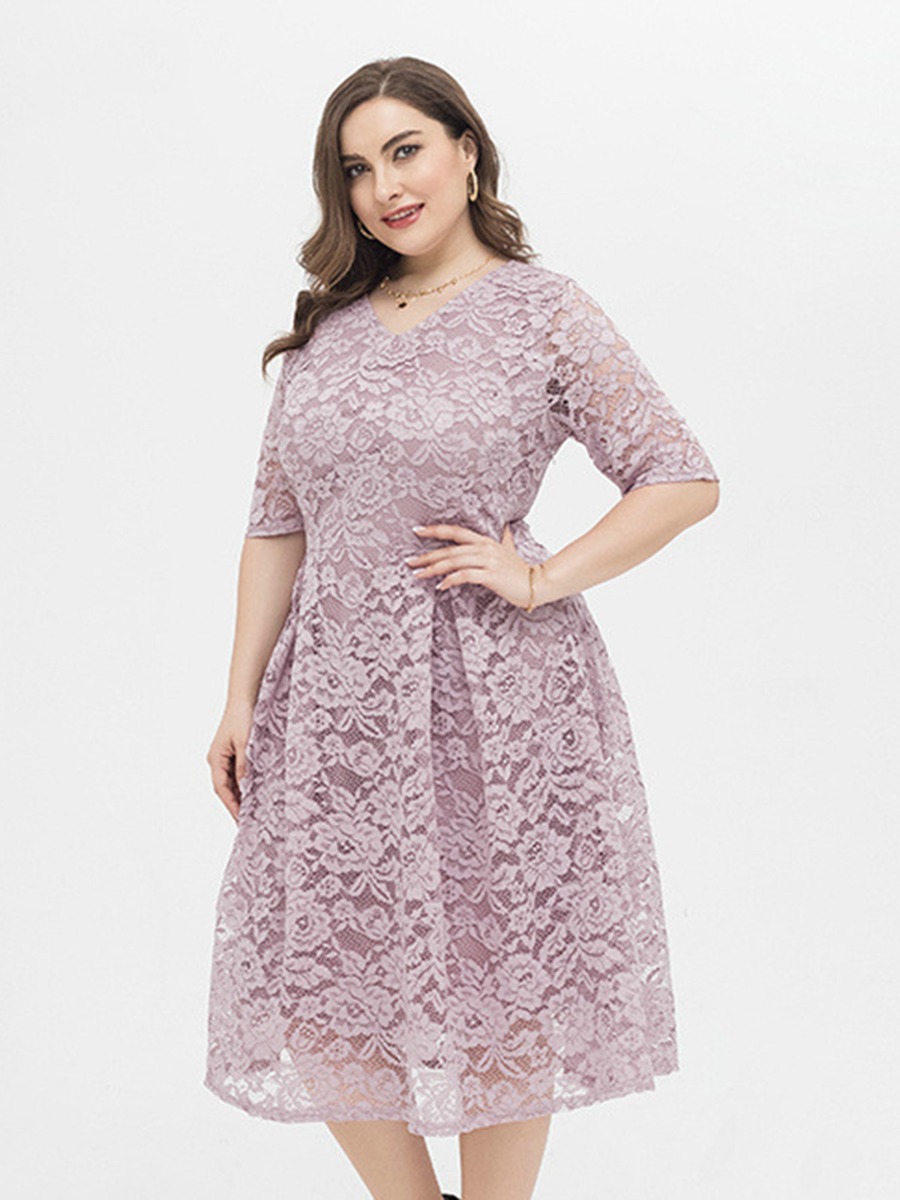 Plus Size Half Sleeve Lace Embroidery Evening Dress