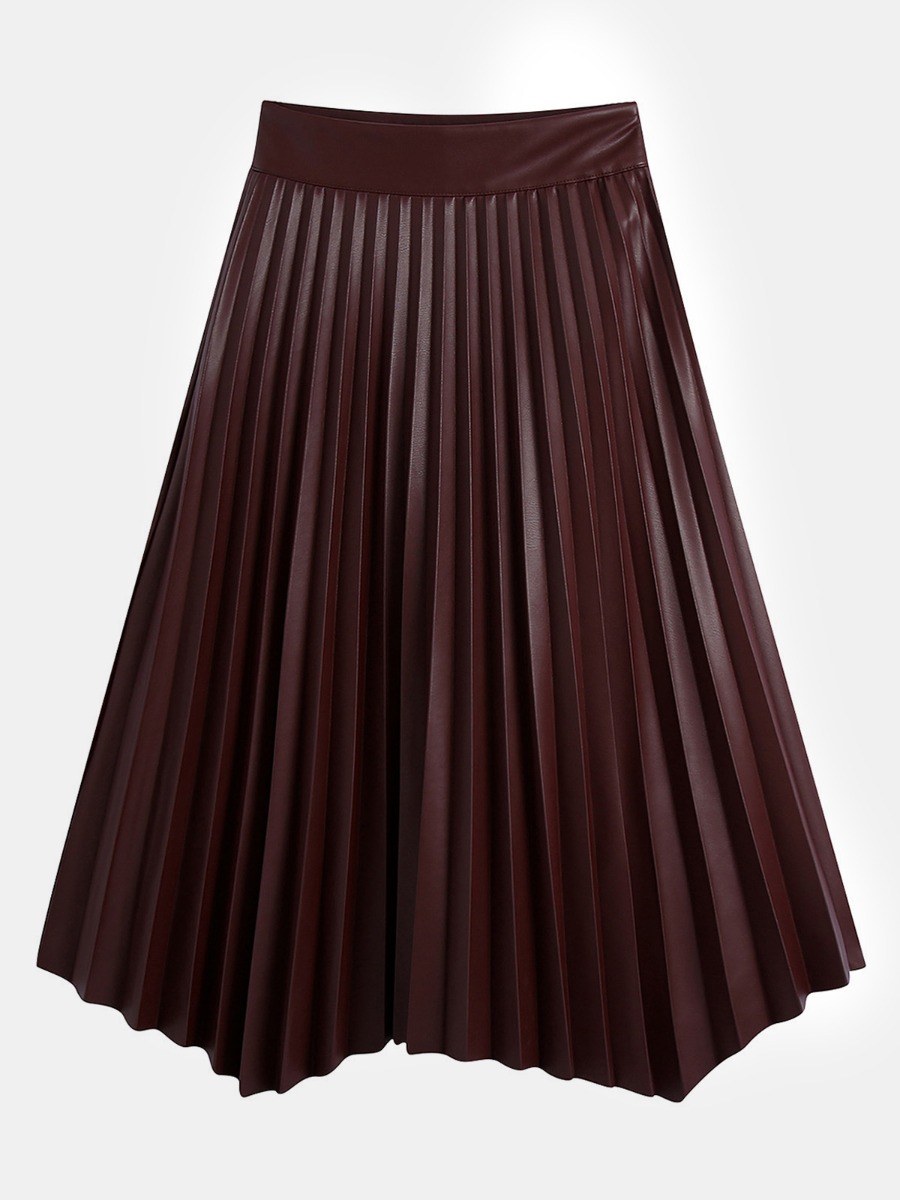 Solid Color Leather Pleated Skirt