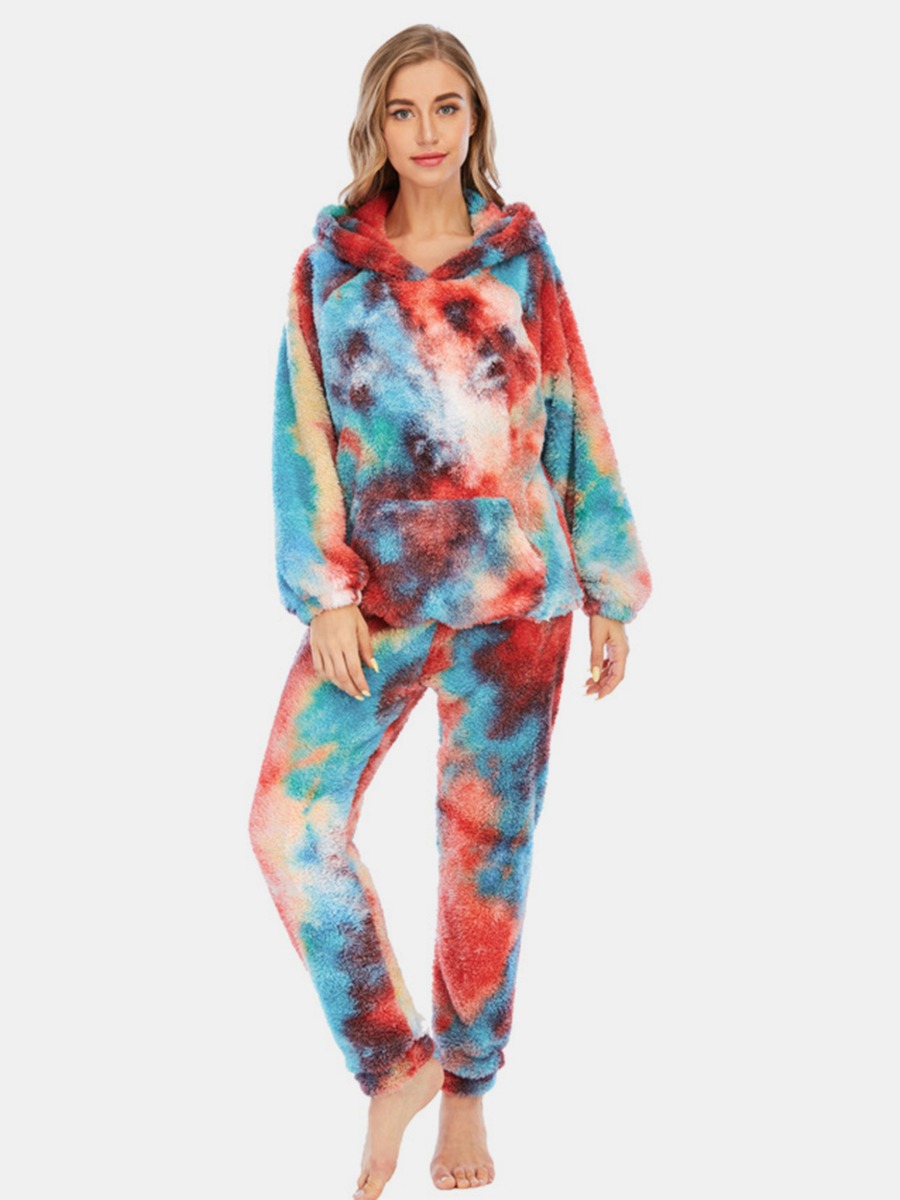 2 Pieces Tie Dye Flannel Hoodies & Pants Pajamas Lounge Outfit