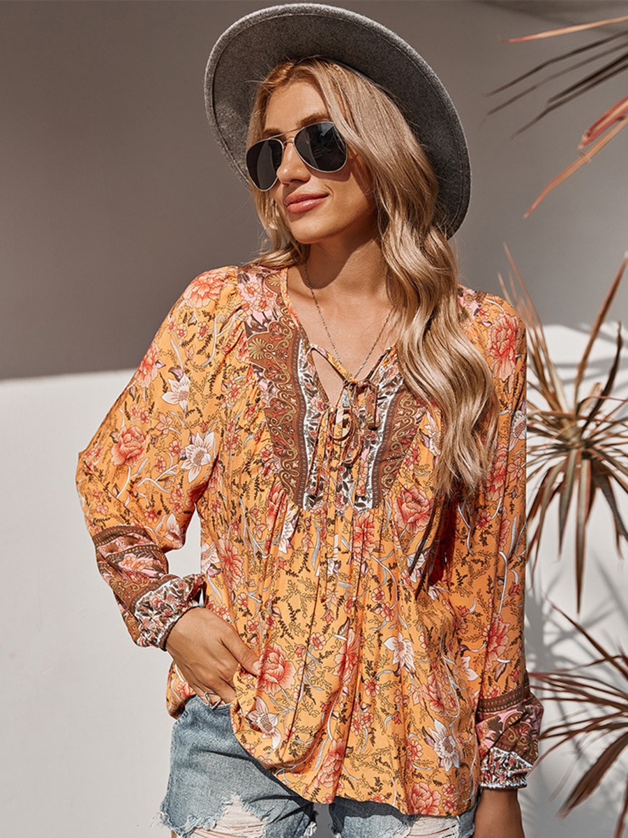 Tie Neck Ditsy Floral Flare Blouse