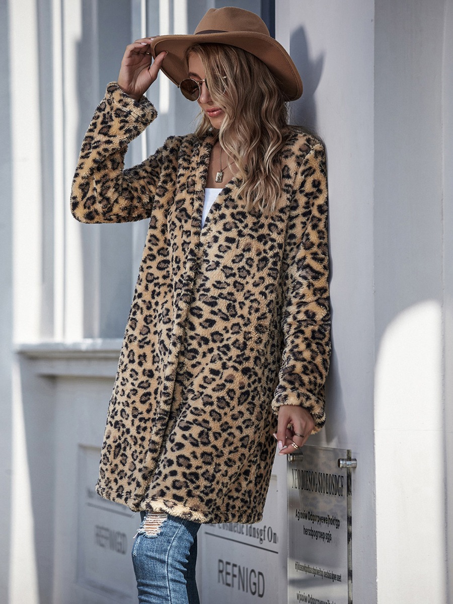 Raglan Sleeve Leopard Print Flannel Coat