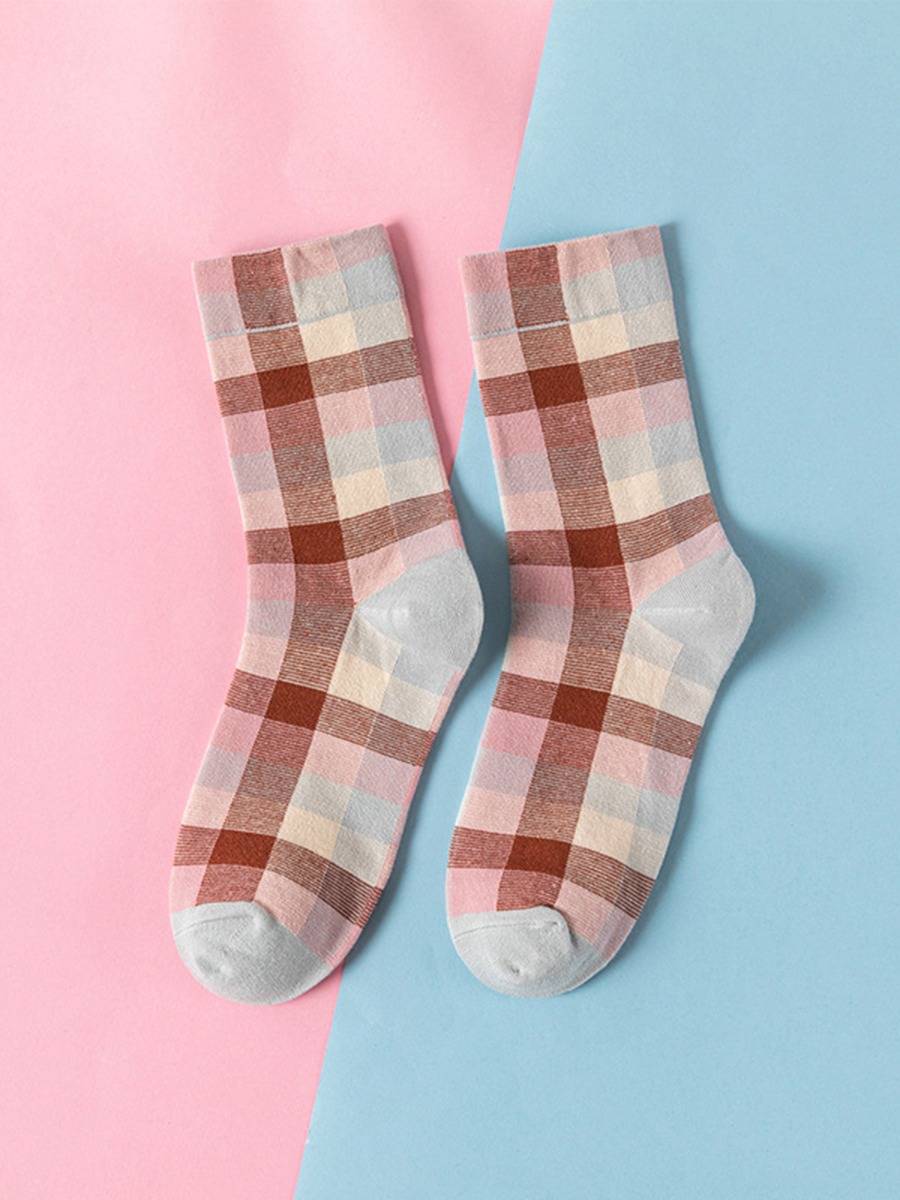 5 Pack Color Blocking Plaid Socks