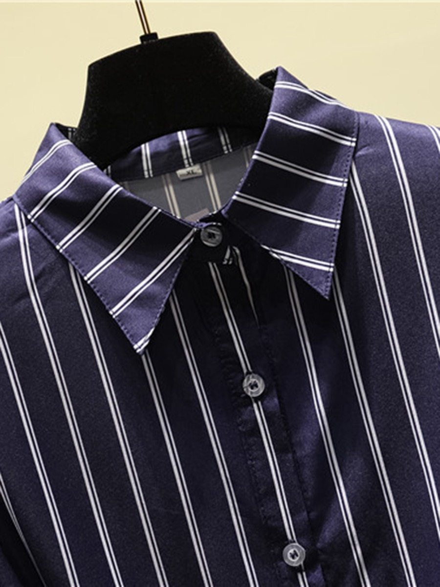 Plus Size Asymmetrical Hem Self-tie Stripe Shirt