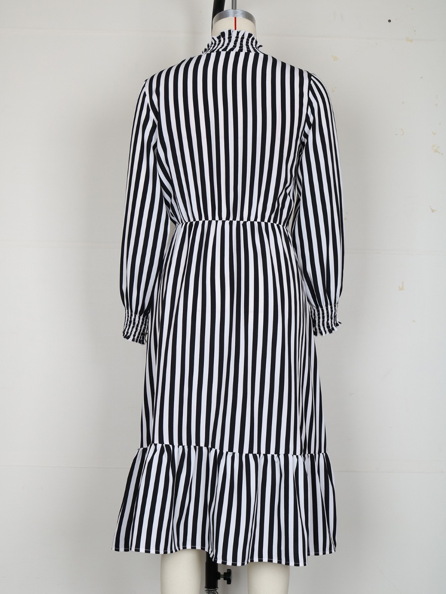 Mock Neck Bishop Sleeve Stripe Ruffle Smock Dress